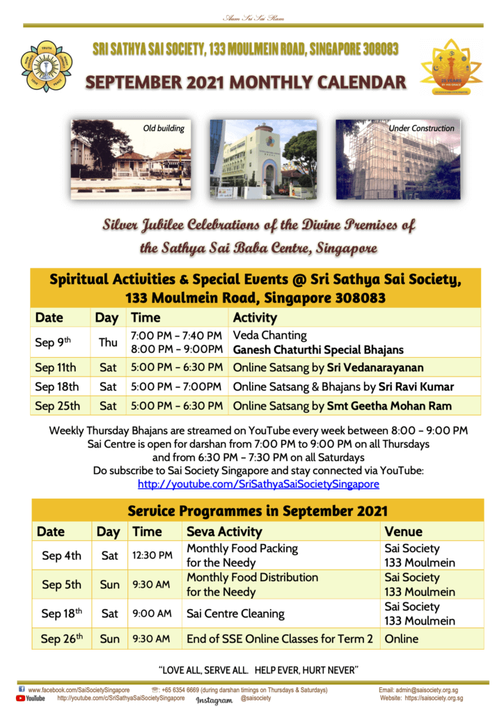 September 2021 Sai Calendar - Sri Sathya Sai Society, Singapore