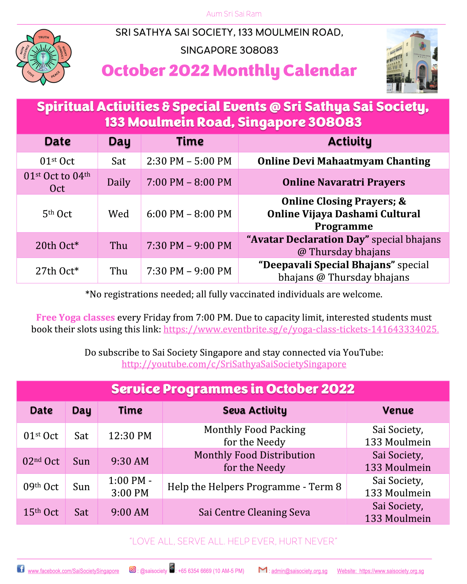 October 2022 Sai Calendar Sri Sathya Sai Society, Singapore