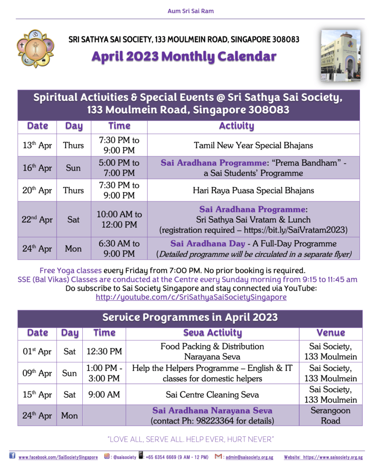 April 2023 Sai Calendar Sri Sathya Sai Society, Singapore