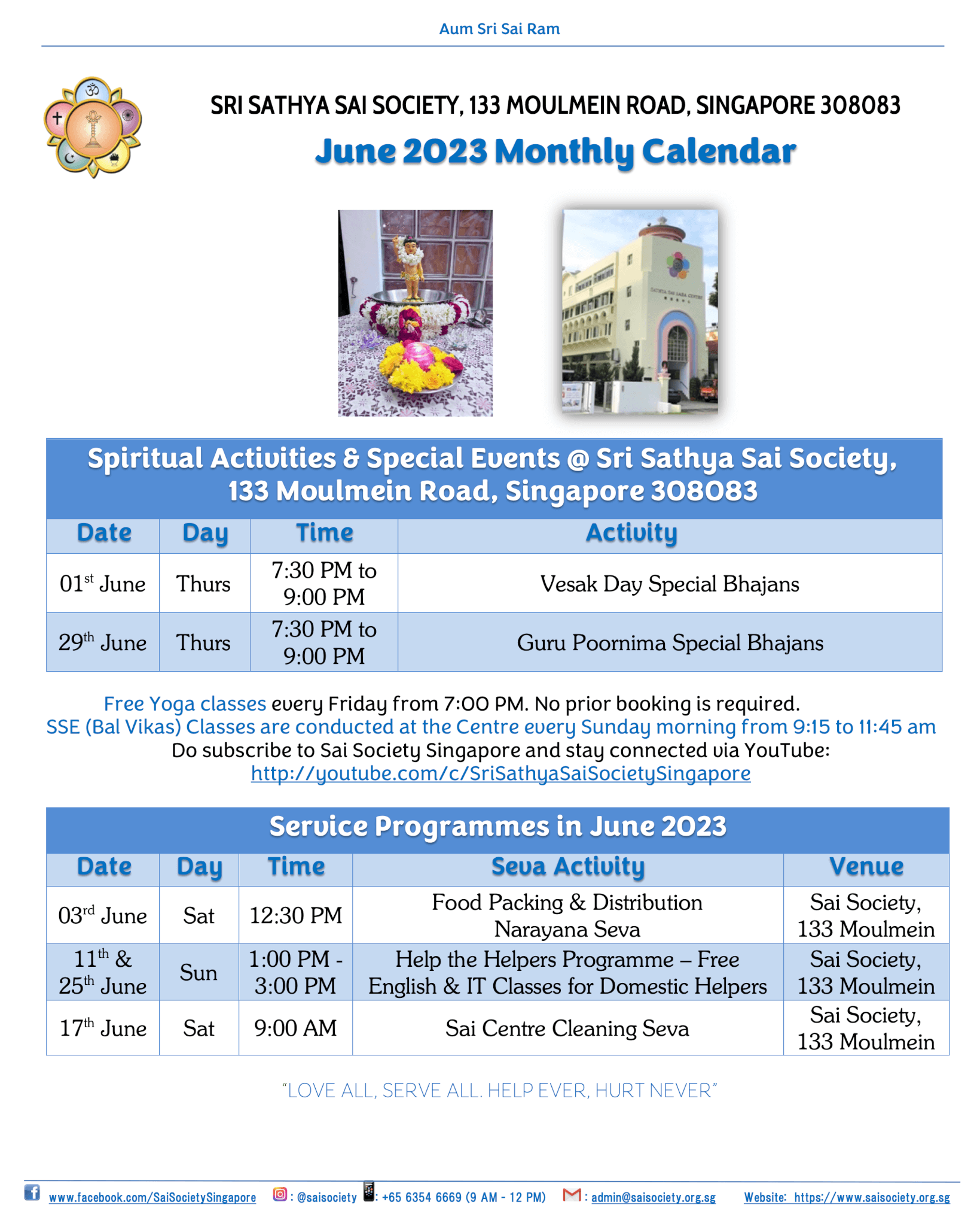 June 2023 Sai Calendar Sri Sathya Sai Society, Singapore