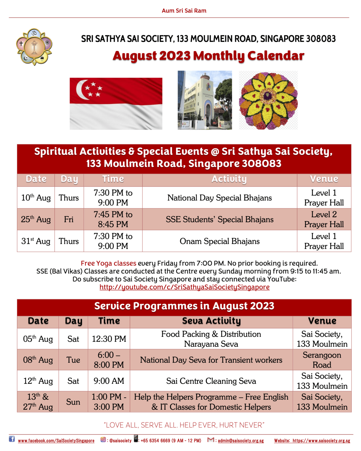 August 2023 Sai Calendar Sri Sathya Sai Society, Singapore