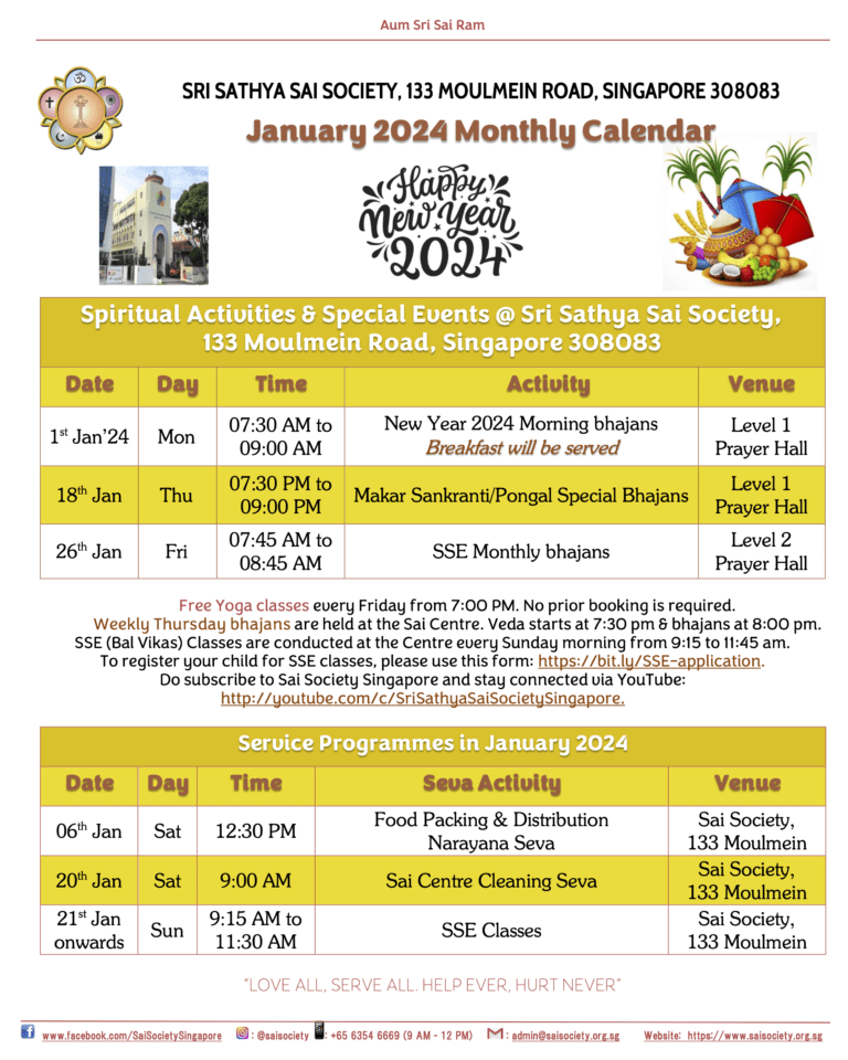 January 2024 Sai Calendar Sri Sathya Sai Society, Singapore