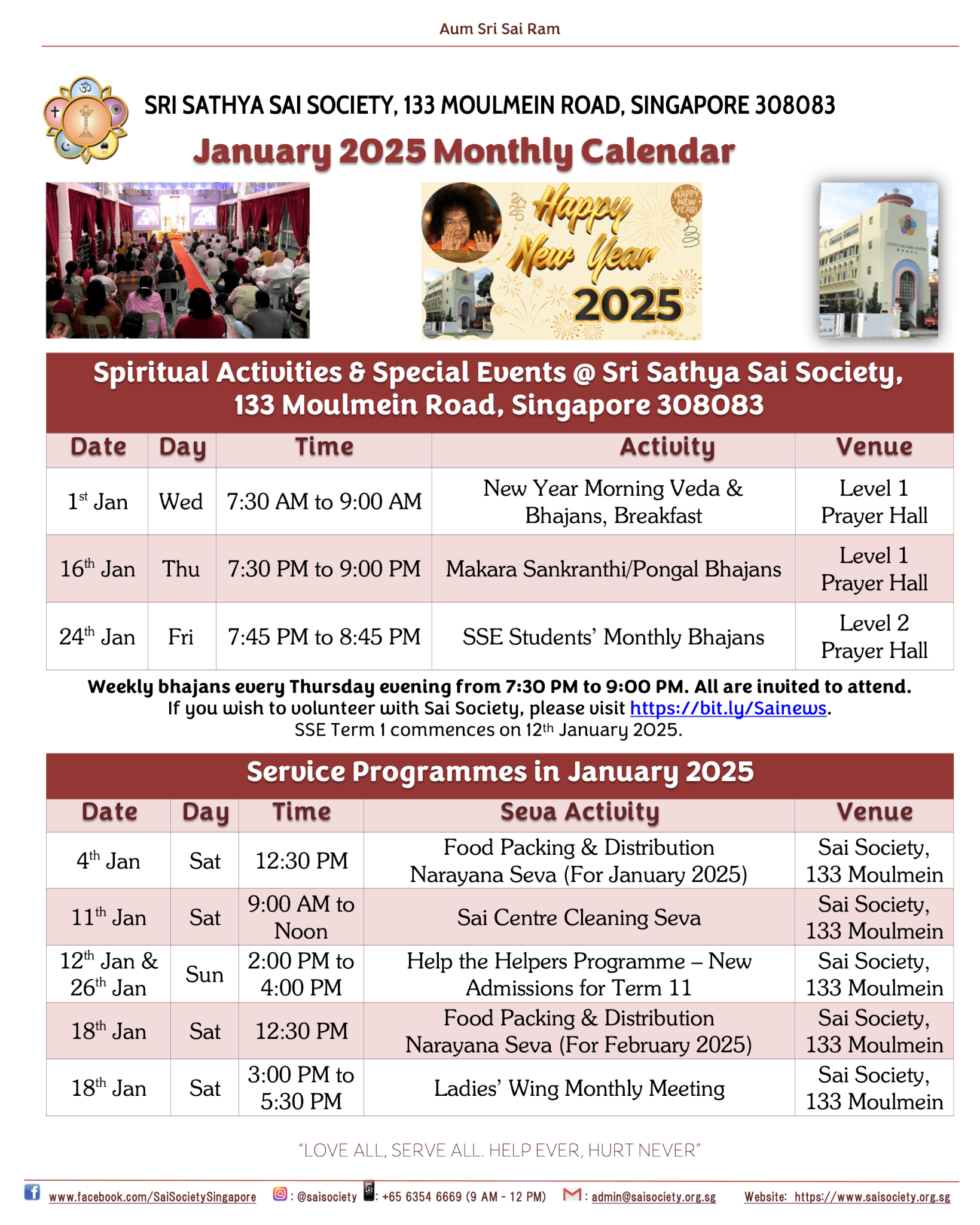 January 2025 Sai Calendar Sri Sathya Sai Society, Singapore